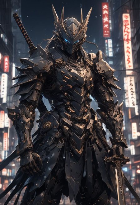 shinjuku, neon lights, city, one man, samurai armour, night time, dramatic lighting, holding 1 sword, high quality, blue armor