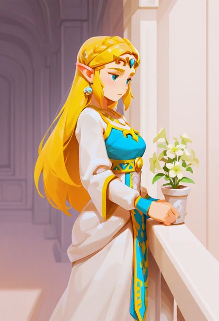 sp3,  masterpiece, best quality, solo,   princess zelda, dress, tiara, stood on balcony with flowers surrounding the walls, from the side, blue eyes, warm colors, 