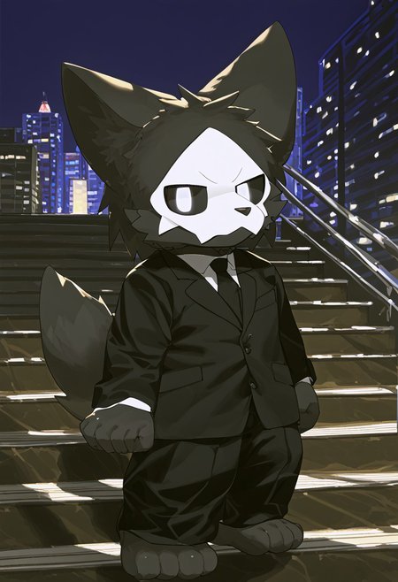 lv1rubili, zPDXL2, furry, anthro, cute, kemono, male focus, score_9, score_8_up, score_7_up, full body, digital art, highly detailed, looking at viewer, standing to viewer, full view, puro, black latex, furry, changed, white eyes, white mask, black fur, 1boy, solo, moody nighttime atmosphere, night city background, wear formal attire and trousers, (((standing on stairs with an angry expression on his face)))