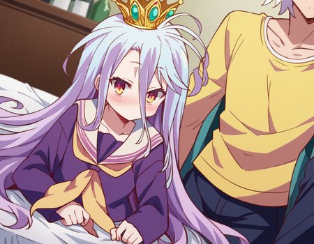 score_9, score_8_up, score_7_up, source_anime,
ngnlshiro, <lora:ngnl-shiro-s1-ponyxl-lora-nochekaiser:1>
shiro, long hair, hair between eyes, very long hair, white hair, messy hair, yellow eyes,
crown, shirt, long sleeves, school uniform, serafuku, sailor collar, neckerchief, white sailor collar, yellow neckerchief,
indoors, bed, bed room, on side, blush, drunk,
looking at viewer, dutch angle, cowboy shot