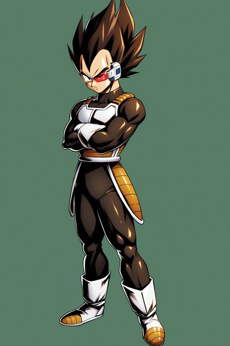 male focus,1boy,solo,saiyan armor,vegeta,white footwear,crossed arms,boots,white gloves,armor,spiked hair,gloves,full body,black hair,white background,simple background,scouter,standing,<lora:Dragon Ball_XL:0.8>,
