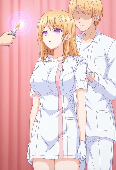 Misuzu hypnotized by flame,
score_9, anime, 1girl, lewd, smooth, 
mind control, hypnosis, empty eyes, vacant expression, (spiral), hypnotic lighter, looking at lighter,
faceless male, female focus, lighter, flame, standing behind, reach around, grabbing another's shoulder, holding lighter, arms at sides, reaching over shoulder,
akao, blonde hair, long hair, purple eyes, large breasts, white dress, nurse, white pants, white gloves
