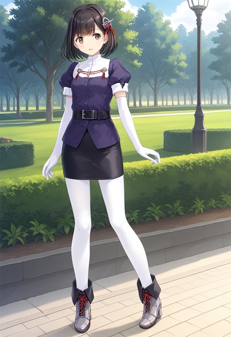 1girl, solo, park, standing, full body, <lora:KC_03HC_haguro_pony:1> hagurodefkc, shirt_short_sleeves, military uniform, white collar, short sleeves, puffy sleeves, elbow gloves, white gloves, black belt, black skirt, pencil skirt, white pantyhose, grey boots, score_9,score_8_up, score_7_up, source_anime, masterpiece, best quality,  official art, official style, game cg, megami magazine, rating_safe, rating_questionable, <lora:Fixhands_anime_bdsqlsz_V1:0.75>, NEGATIVE_HANDS