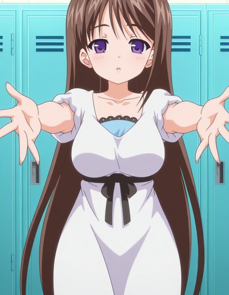 masterpiece, best quality, amazing quality,, <lora:marina-akizuki-ova-illustriousxl-lora-nochekaiser:1>, marina akizuki, long hair, brown hair, purple eyes, mature female, breasts, anime screencap, dress, ribbon, collarbone, short sleeves, white dress,, on back, arm support, arms up, incoming hug, pov, reaching, reaching towards viewer,, locker room, lockers, benches, towels, showers, cowboy shot, solo, looking at viewer