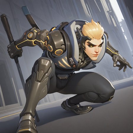 <lora:GENJI_GENOS:1> genji_genos, solo, short hair, blonde hair, 1boy, yellow eyes, male focus, weapon, outdoors, pants, artist name, belt, armor, vest, lips, bodysuit, black pants, watermark, squatting, web address, colored sclera, science fiction, nose, realistic, black sclera, cyborg, yellow sclera, street, mohawk, cyberpunk, building, mechanical arms, single mechanical arm, tilted angle, motion blur, film grain, abstract, natural lighting, fantasy, cinematic, dynamic view, tilted angle,, very awa, masterpiece, best quality, absurdres, newest, perfect quality, detailed background, intricate details,  (artist:fl \(l-fl\):0.7), (artist:tooboshoo:0.7), (artist:dizdoodz:0.8)