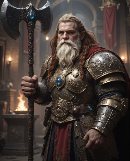 The image portrays a commanding and regal warrior in a richly detailed fantasy setting. The figure stands tall and imposing, exuding authority and strength. His long, snow-white beard is neatly braided, with strands interwoven into intricate plaits, showcasing both his wisdom and cultural heritage. The braiding adds an air of discipline and tradition, emphasizing his distinguished persona. His hair, matching the beard in color, is tied back loosely, cascading slightly behind his head and shoulders.  The character wears an ornate grey crown signifying his high status, possibly as a king or noble warrior. His facial expression is intense and resolute, with piercing eyes that convey both wisdom and determination. His chiseled features and furrowed brows suggest a life of experience, battles, and leadership.  The armor he dons is an extraordinary masterpiece of craftsmanship. Made of intricately engraved grey geometric steel, it is layered with square motifs and patterns an runes, blending utility with aesthetic grandeur. The chest piece is robust and adorned with ornate designs that interlock, accentuating his royal and battle-hardened demeanor. His shoulders are protected by massive pauldrons that match the rest of the armor in detail, and they extend outward with ridged edges, emphasizing his imposing stature.  Around his waist, a wide leather belt with a large, intricately designed buckle secures the armor, while several small pouches and decorative elements hang from it, suggesting readiness for both combat and leadership.  The warrior grips a massive, massive double-headed battle hammer like Thors hammer in his right hand, the weapon clearly a symbol of his strength and authority. The hammers  The head of the weapon is ornately decorated, featuring . The handle is long, sturdy, and metal , ending in a pommel that matches the ornate aesthetic of his overall ensemble.  He also holds ((Very Large big huge)) ((((rectangular)))) angular shield, like a Roman Scutum, it has a boss, a bulge on the front made out of iron or bronze.  The setting further emphasizes the grandeur and mystique of the character. He stands in what appears to be an ancient, stone-built throne room or ceremonial hall. The backdrop features arched doorways and decorative pillars, with warm torchlight casting flickering shadows across the stone walls. The torches are mounted in iron sconces, their flames adding a golden glow to the scene.   a cave and waterfall behind the figure in the background lend a sense of otherworldly majesty and mystery to the environment.  Overall, the image depicts a legendary warrior-king, whose braided white beard, majestic armor, and commanding presence evoke both reverence and awe. This is a figure who symbolizes power, wisdom, and an indomitable spirit, standing at the nexus of history, myth, and destiny.  This image depicts a formidable medieval dwarf warrior clad in heavy, intricate plate armor with a distinctly dark and imposing aesthetic. The artwork appears to be a detailed illustration rendered in monochromatic tones, primarily using blacks, grays, and subtle metallic highlights. The warrior's most striking feature is their helmet, which features a distinctive design reminiscent of early medieval great helms but with added complexity. The helmet has a T-shaped visor with angular, aggressive lines and additional protective plates that give it a menacing appearance. Various geometric patterns and reinforced ridges are incorporated into the helmet's design, suggesting both decorative and functional purposes. The armor itself is a masterwork of layered plates and interlocking segments. The chest piece consists of multiple overlapping plates with geometric patterns and angular designs that echo throughout the entire suit. The shoulders are protected by large pauldrons with sharp, aggressive angles and decorative ridging that matches the overall aesthetic of the armor. The arm protection includes detailed vambraces and couters (elbow protection) that maintain the same geometric motif. Below the waist, the warrior wears a coat of scale mail that resembles a skirt or tasset. This piece is particularly detailed, showing individual scales arranged in overlapping rows, creating a flexible but highly protective layer. The legs are protected by greaves that continue the angular, geometric design language of the upper armor. The warrior's stance is powerful and grounded, suggesting both strength and stability. They are wielding a distinctive weapon that appears to be a war hammer or pole weapon with spikes on both ends. The weapon's design matches the armor's aesthetic, featuring geometric shapes and angular construction. The warrior holds this weapon with both hands in a ready position, suggesting combat preparedness. The entire ensemble is colored in various shades of black and dark gray, with lighter highlights that emphasize the metallic nature of the armor and create depth in the illustration. The shading and detail work is particularly notable in how it brings out the various textures of the different armor components – from the smooth, polished surfaces of the plate armor to the rougher, more textured appearance of the scale mail. The overall design suggests a fusion of historical medieval armor with a fantasy or dark fantasy aesthetic. While the basic components of the armor (helmet, breastplate, pauldrons, etc.) are grounded in historical armor designs, the specific styling and exaggerated elements push it into a more fantastical realm. The aggressive angles, elaborate geometric patterns, and imposing silhouette create an intimidating presence that would be at home in a dark fantasy setting or video game. The illustration style itself is highly detailed and technical, almost like a character concept art piece, with careful attention paid to how each piece of armor would theoretically connect and function. The linework is precise and clean, while the shading adds depth and dimensionality to the figure. Despite the complexity of the armor, the composition remains clear and readable, with a strong sense of the overall silhouette and character design.