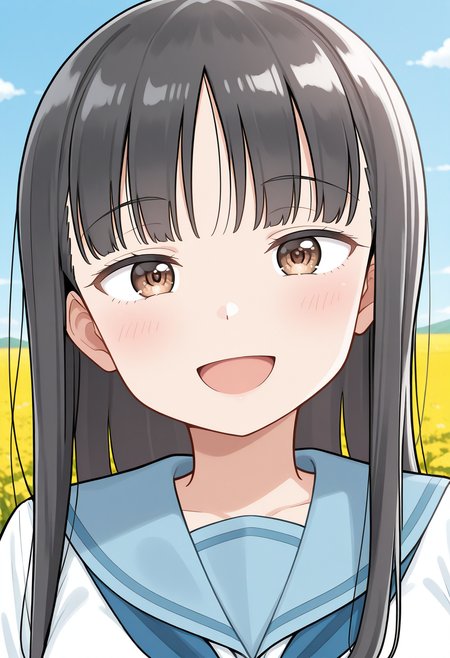 yuzuki_kaede, brown eyes, black hair, long hair, bangs, school uniform, serafuku, white shirt, long sleeves, blue skirt, <lora:yuzuki_kaede_illustrious_ver1:0.8> 
1girl, solo, (field:1.2), (blue sky:1.2), looking at viewer, smile,, masterpiece, best quality, general,, (upper body:1.2), (close-up:1.2), (facing viewer:1.2), (open eyes:1.4), (portrait:1.2)