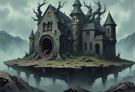 Ilustration in DarkestDungeon style  of ruined castle placed on the island that is floating in the air above the mountains covered in Creeping Fog.
The castle is overgown with shapeless flesh growin in random part of the castle, the flesh on castle walls is also covered in eyes, eyes on the fleshy parts of castle are empy, black and have no pupil or iris, just pure black sclera. 
In the castle windows there are diffrent set of eyes, massive glowing yellow ones with red glowing pupils.
The castle gate is a gianting gaping mouth filled with multiple ets of teeths.
the ground around the castle is filled with old bones, and fleshy tentacles.