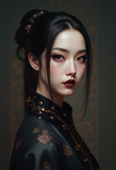 High Fashion, A highly detailed, realistic digital painting of a Chinese Zixia woman 28yo with a pale complexion, dark straight hair in an elegant updo with a few loose strands framing her face, intricate makeup , deep black lips, wearing a high-collared garment with floral patterns in a dark, muted palette, against a dark gradient background, emphasizing her enigmatic and mystical aura,, high resolution, rich textures, and contemplative mood. Dark makeup,
. Her eyes are a deep piercing and  brown
<lora:FluxMythP0rtr4itStyle:0.5> mythp0rt, dynamic, dramatic, haute couture, elegant, ornate clothing, High Fashion