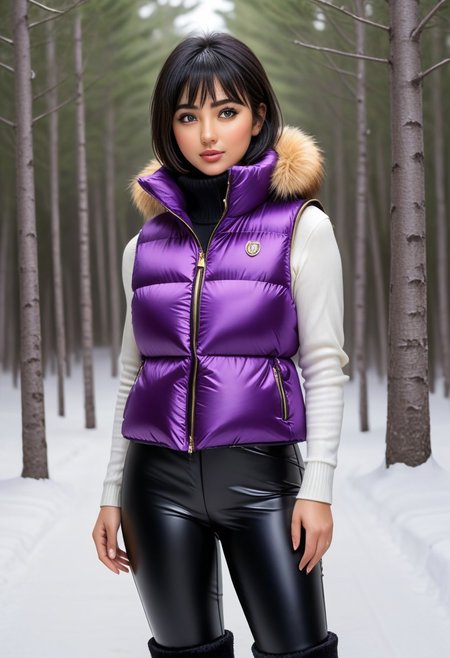 ((((puffer padded vest)))), ((((puffer padded vest)))), ((((full body)))), ((((fur boots)))), ((((puffer pants)))), winter, snow, forest, 1girl, solo, (masterpiece), detailed face, detailed eyes, (beautiful detailed eyes:1.5), sidelighting, (super detail, hyper detail, intricate_details, detailed), (semi realistic:1.6), (Bob cut), blunt bangs,(black hair), (purple eyes, eyelashs), smug smile, angry face, golden armlets, padded collar, Thick padded collar, <lora:Collar-SDXL:0.6>, <lora:cropped_puffer_vest_v2:0.4>, <lora:snowpants_v1:0.4>