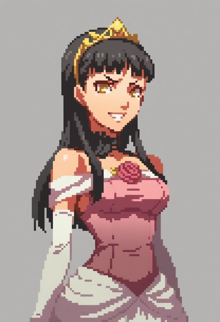 score_9, score_8_up,  detailed,    absurdres, extreme_quality,   anime style,     portrait, upper body portrait, slight side angle,  medium breasts, rpg portrait,  rpg, portrait,  , shadow, plain background, light grey background,  , upper body focus,   face focus, looking at viewer,  slight smile,  p4yukiko, amagi yukiko, long hair, black hair, bangs, hairband,  , long hair, p4yukiko-shadow, yellow eyes, tiara, ballgown, pink ballgown, pink dress, bare shoulders, flower, rose, red rose, elbow gloves, evil grin, hateful grin, evil expression, angry, rage,