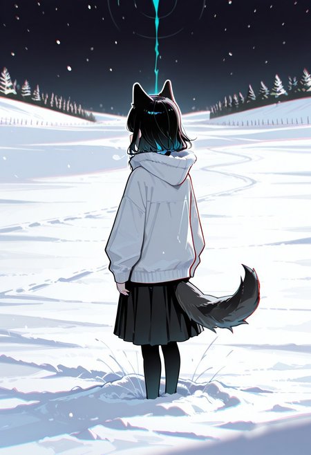 masterpiece,best quality,amazing quality,  1 woman 25yo, in a snow field, black hair, wolf ears, wolf tail (flat cute color 0.9), thick clothes
white outline glow, chromatic aberration, high res image, high res image