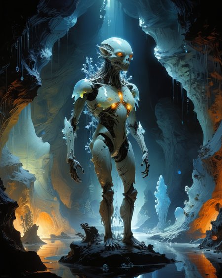 bioengineered anthropomorphic creature standing in a luminous cave, organic bioluminescent patterns, crystals, hauntingly beautiful, hyperrealistic, ultra resolution, professional photo, <lora:add-detail-xl:1.0>,  <lora:xl_more_art-full_v1:0.4>,   <lora:John Berkey Style:0.6> John Berkey Style page