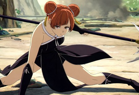 masterpiece,best quality,good quality,newest,
outdoors,detailed background,
looking at viewer,
solo,
Laufen,1girl,brown hair,short hair,double bun,brown eyes,yellow hairornament,
black dress,bare shoulders,
gloves, 
pelvic curtain,
boots,
fighting_stance,holding polearm,one knee,spread legs,