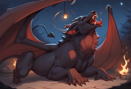 score_9, score_8_up, score_7_up, score_6_up,dark furred demonic lioness, flames in coming from fur, night, starry sky, demon wings,seductive pose, In heat, horny,glowing iris, broken halo, detailed, detailed background, skulls and bones laying on ground, Expressiveh, fangs, blood on fangs, glowin from within