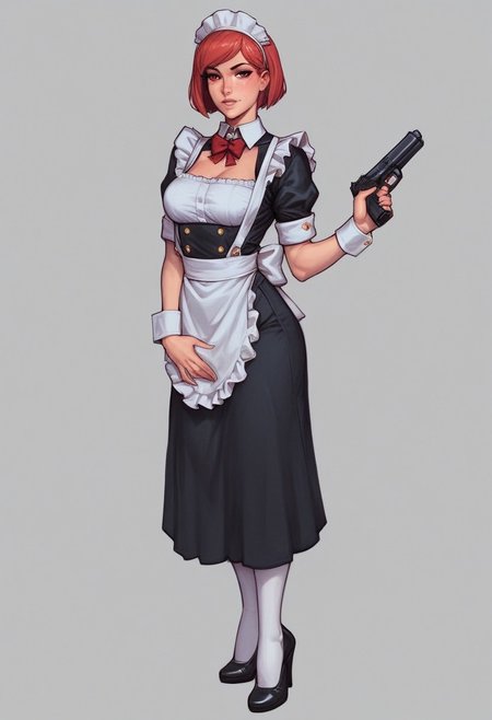 RosieTJ, 1girl, robot girl, metal body, red eyes, red buttons, wheels, white maid cap, white collar, white cuffs, white hip apron, black skirt, female
((full-clothed)), ((long big pistol in hands, handgun in hands))
BREAK 
strange world background score_9, score_8_up, score_7_up, score_6_up, source_cartoon, rating_explicit, Expressiveh, (((((full body))))), dynamic pose