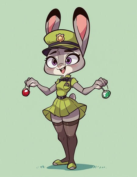 zPDXL, score_9, score_8_up, score_7_up, source_anime, 1girl, solo,
 <lora:diives_v2-20:1> diives, (portrait), Judy Hopps \(Zootopia\), furry, rabbit girl, grey fur, rabbit tail, rabbit ears, shortstack, small breasts, laughing, interlocked_fingers, flight attendant wearing Polished emerald green uniform with a blouse with a bow tie, pleated skirt, sheer stockings, emerald green heels,  service trolley