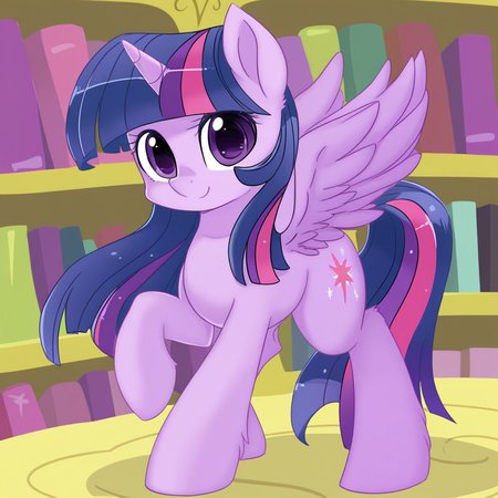 shepherd0821, my_little_pony, twilight_sparkle_(mlp), equid, equine, mammal, alicorn, winged unicorn, hi res, feral, cutie mark, feathered wings, feathers, female, fluffy, fluffy tail, fur, furniture, hair, hooves, horn, library, long hair, multicolored hair, purple body, purple eyes, purple feathers, purple fur, purple hair, solo, tail, two tone hair, wings, smile