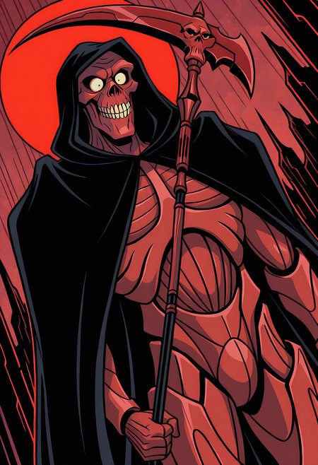 masterpiece, best quality, amazing quality, dutch angle, dynamic angle, abstract background, BREAK
solo, male, vb_reddeath, red body, skull head, teeth, white sclera, black hooded cape, hood up, cape, scythe, holding, BREAK
 <lora:cfg_scale_boost:.5> <lora:Red_Death_-_The_Venture_Brothers_-_ILXL:1>