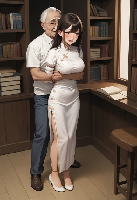 An old-fashioned study, wooden bookshelves, a screen,full body,1girl,
long hair,white long cheongsam,hands behind back,rope bound arms,squishing, score_9, score_8_up, score_7_up, score_6_up source_anime, blush, 1girl, seduce smile, perfect body , natural big breasts, orgasm,open mouth,blush,
thin man,old man, clothed male,face to face,grabbing from behind,breast squeeze,