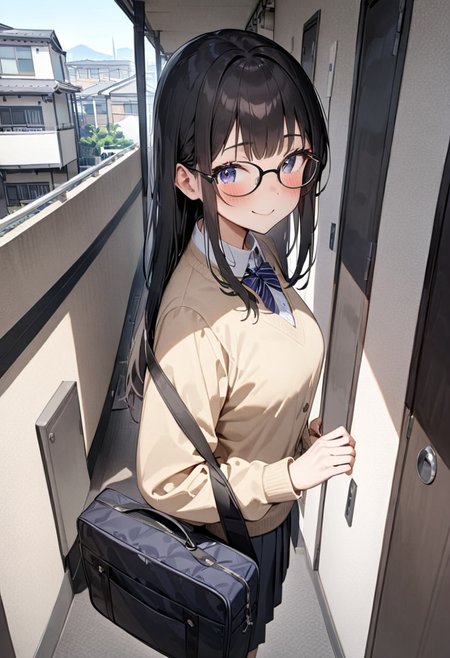 masterpiece, best quality, very aesthetic, absurdres,
1girl, glasses, black hair, long hair, school uniform, school bag, smile, blush, solo focus, standing, looking at viewer, 
rouka, hallway, scenery, window, building, day, sky, door, outdoors, blue sky, cityscape, city, real world location, 
 <lora:JProuka_apartment_hallway_SDXL_V1:1>