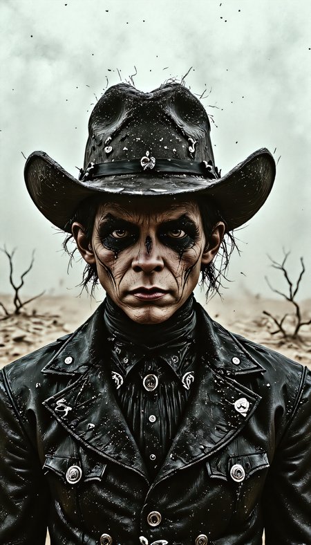 devast8, a closeup portrait of a cowboy in a dust storm, horror themed, focus on face, thorough, grim,