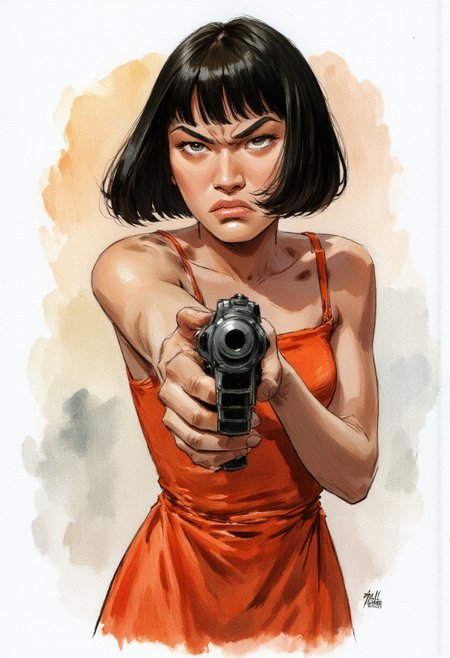 Asian girl. with a black bobcut ,pointing a desert eagle handgun towards the viewer. She looks angry and grumbling. FictionalAyumi , watercolor painting