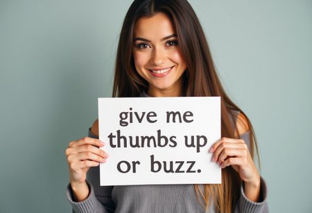 beautiful woman holding a sign  it says "give me thumbs up or buzz",