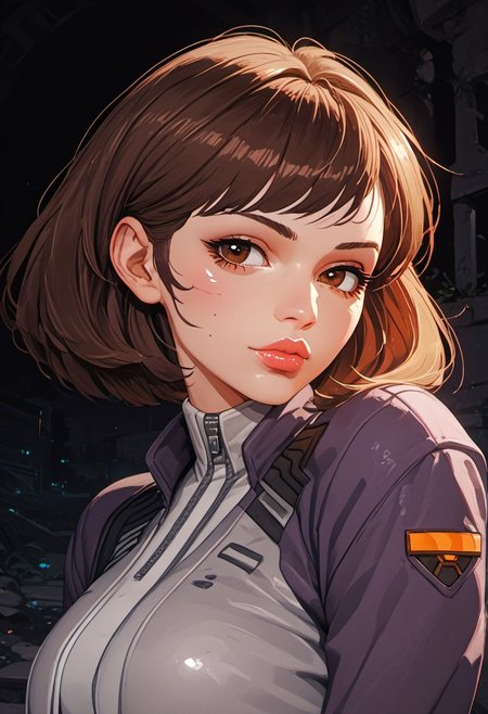 ((zPDXL3)), score_9, score_8_up, score_8, Science Fiction, Star Wars, perfecteyes, ultra detailed, high resolution, high quality, masterpiece, intricate details, intricate body, intricate landscape, knva, Expressiveh, European Instagram Model, upper body shot, low light, dungeon, ruins, green glow, black background, 
BREAK
1girl, solo, source_cartoon, mature female, dva porsche, d.va (overwatch), brown hair, brown eyes, beautiful, full lips, looking at viewer, closed mouth,