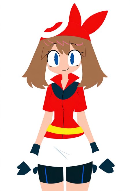 masterpiece, best quality, medium breasts, (curvy),   BREAK,  zzMay, may (pokemon), solo, brown hair, blue eyes, medium hair, red shirt, bike shorts, red bandana, red shirt, gloves,  white miniskirt, yellow belt,  <lora:MayPokemonIXL_v2:1.0>,smile, looking at viewer, cowboy shot,   <lora:ToonCAT_NAI:1.0>,