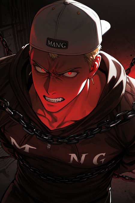 realistic shading, dimlighting, backlighting, red theme, male focus, expressive angry face, urektg, red_urektg_eyes, blonde_urektg_short hair, white_urektg_backwards baseball cap, yellow_urektg_earrings, 1boy, glowing eyes, gritting teeth, chain tied (non-sexual), hood, hands behind back, muscular male, floating clothes, windy, shadow, night indoors prison, dark environment, foreshortening, dutch angle, dynamic angle, dynamic action, intricately detailed illustration, cinematic, depth of field, atmospheric perspective, masterpiece, best quality, amazing quality, very aesthetic, absurdres, newest