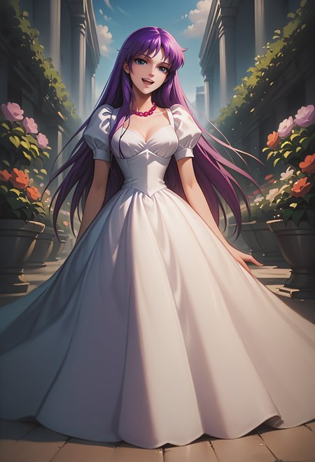 score_9, score_8_up, score_7_up, best quality, intricate details, masterpiece, souce_anime BREAK
<lora:SaoriKido_Pony_v11-12:1> athenakido,  purple hair, puffy dress, pearl necklace, 
sitting, legs together, high heels, outdoors, garden paradise , sunny,
smile, open mouth, head tilt,