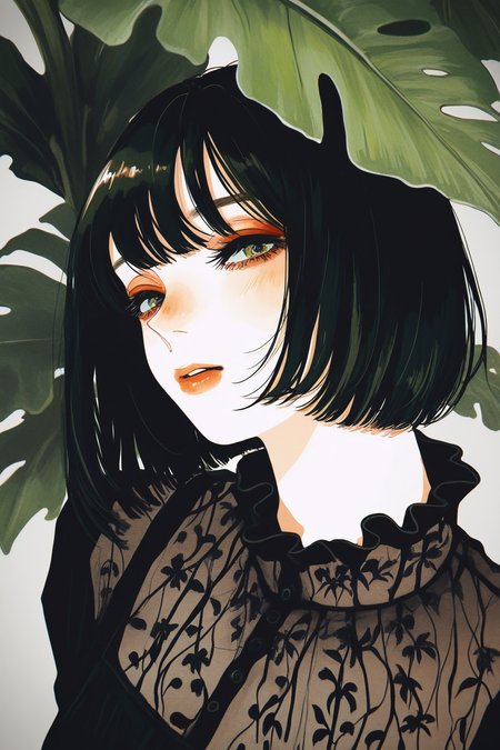 masterpiece, best quality, amazing quality, high resolution, very aesthetic, absurdres, detailed background,  <lora:illustriousXL_stabilizer_v1.23:0.3>,(watanabe tomari:0.85), <lora:MoriiMee_Gothic_Niji_Style_Illustrious_r1:0.6>, realistic, creative angle, (cogecha:0.6),
Elegant young woman with short dark bob haircut and soft pale skin, wearing a textured green high-neck dress, framed by large Monstera deliciosa leaves, lively plants, leaves covers her half body, leaves in front of her, Dreamy gaze, natural makeup, soft blush, full lips. Studio lighting, botanical portrait, fashion editorial style, highly detailed, muted tones, lush foliage