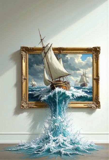 A surreal and whimsical scene where a golden, ornately decorated picture frame hangs on a clean, white gallery wall. The painting within the frame depicts a classic maritime scene, showcasing a fleet of 18th-century wooden ships sailing through turbulent, foamy waves under a cloudy sky. However, the artwork breaks free of its two-dimensional bounds as one of the ships bursts out of the frame into the real world.  The ship sails downward, carried by a cascade of water that spills out of the frame and flows freely onto the ground below. The water is rendered in extraordinary detail, with sparkling droplets catching the light as they splash and cascade in mid-air, emphasizing the fantastical nature of the scene. The golden frame itself gleams softly in the light, contrasting with the dynamic motion of the water and the shipâs weathered wooden hull and billowing white sails.  The composition blends the boundaries between reality and art, creating a mesmerizing visual spectacle that invites the viewer into this impossible, dreamlike world. The atmosphere is clean and elegant, with a slight glow from soft, diffused lighting enhancing the magical realism of the moment. <lora:aidmaImageUpgrader-FLUX-V0.2.safetensors:0.66>, <lora:Warhammer_Rogue_Trader_Style_flux-000021.safetensors:0.5>,  <lora:Elden_Ring_-_Yoshitaka_Amano.safetensors:1.0>,