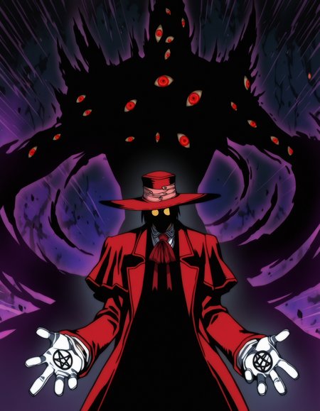 masterpiece, absurdres, best quality, refined digital art, 
1boy, alucard, hellsing, hat, jacket, white shirt, sunglasses, extended arms,  white gloves, pentagram,  dark magic, dark energy is swirling around the scenery, extra eyes, red eyes, cinematic,
anime screencap, character art, 1other, dark silhouette, clear lines, soft colors, anime aesthetic, 1990s, 
artist: hungry clicker, artist: optionaltypo,
<lora:Hellsing classic Illustrious:0.75>