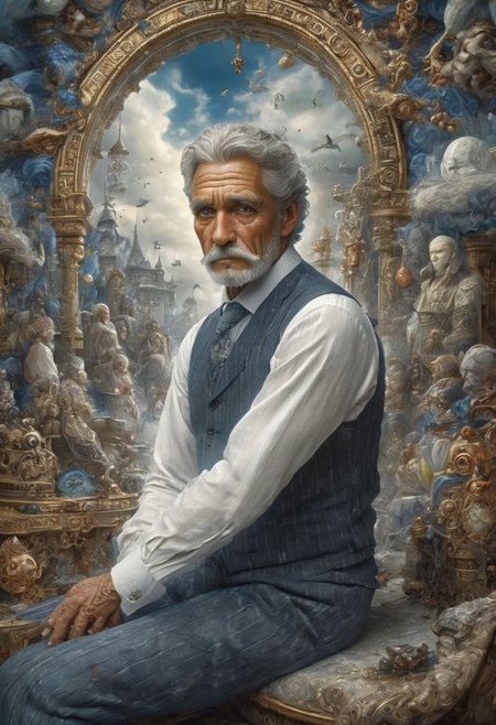 score_9, score_8_up, score_8, score_7_up, score_7, score_6_up, score_6, score_5_up, Score_5, 1man, the watchmaker, A man sitting in front of the spirits of his ancestors, caucasian European male, 40-year-old, wearing a linen suit, a white button down shirt with an ascot, snow white beautiful hair, steely blue-gray eyes, (looking at the viewer), perfectly detailed eyes and facial features, soulful expression, (deep emotion), spiritual, mystical, detailed character design, digital painting, cinematic style, atmospheric lighting, high resolution, (emotional depth), hauntingly beautiful, painstaking attention to detail, insane details, (meticulously detailed and textured skin), 8k resolution, a masterpiece