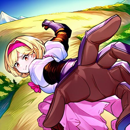 score_9, score_8_up, score_8, source_anime, source_cartoon,
girl, djeetadef, pink hairband, dress, puffy sleeves, gauntlets, brown thighhighs, thigh boots, incoming punch, mountains in the background