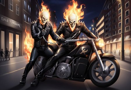 masterpiece, best quality, amazing detail, Tirotata, GhostRider, skull head, on fire, leather jacket, leather pants, gloves, spikes, chain, motorcycle, chain, chain on fire, street, city, night,
