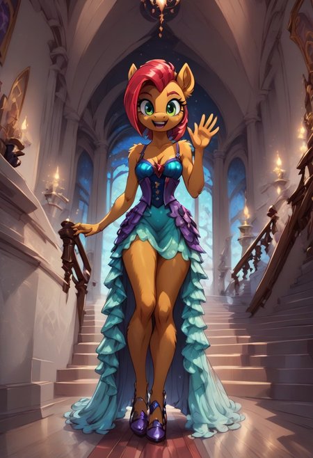 score_9, score_8_up, score_7_up, anthro,
(((Babs Seed))),
facing viewer, front view, female focus, view from chesthight,
g5, pony, female, mare, tail, dock, solo, 1girl, highly detailed, beautiful, detailed eyes, detailed fur, beautiful eyes, (tall), ((perfect body proportions), (beautiful long legs),
small breasts, show accurate skin colour,
long hair, fluffy hair, biggest hair,
(((walking ((down)) a grand staircase))), (((waving to viewer))), ((happy, excited, smiling at viewer invitingly)),
(((wearing a beautiful, eyecoloured, bioluminescent, shoulderfree ballgown))), glowing ballgown,
BREAK,
highly detailed background, (((nighttime))), night
inside Canterlot castle, ballroom, ((grand staircase)), mirror marble floor, (((dimmed lights in the room))),