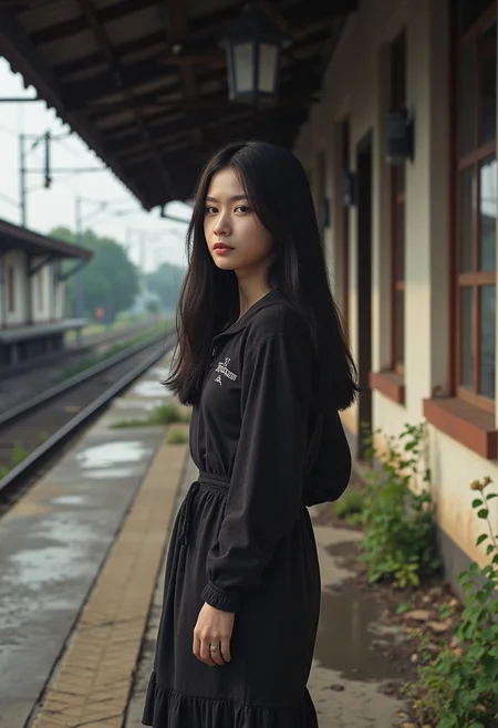 High Efficiency Image File Format,In this photograph, a young Asian woman with long, straight black hair and subtle, introspective expression stands in the front,The scene is a crumbling train station with chipped tiles and rusted tracks, evoking a sense of abandoned history. Soft natural light casts long shadows, while weeds push through the gaps in the platform, their small flowers adding a touch of color.