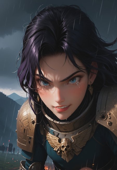 1girl, solo, 24 year old woman, large build, kneeling:1.4, beautiful, long hair, dark purple hair, freckles:1.4, face uplifted:1.6, looking up, looking at the sky, earrings, fierce grin:1.5, crying:1.5, teeth clenched:1.4, angry smile:1.5, wide hips, knight armor:1.5, heavy armor, gauntlets, greaves, bright blue eyes, arms at her sides, rain falling on her face:1.5, tan skin, on knees, tears on chin, tears on cheeks,

dusk, after battle, muddy field, some grass, fallen soldiers around her:1.4, storming, dark gray sky, dark sky:1.4, streaming banners, battlefield, intense rain:1.3, dreary, raining, overcast, mountains and hills in the background,

score_9, score_8_up, score_8, masterpiece, best quality, official art, extremely detailed, CG unity 8k wallpaper, absurdres, high definition, photorealism:1.5, detailed shading, high contrast, ambient occlusion, vivid colors:1.5, saturated colors:1.6, 

downward angle:1.3, cowboy shot, cinematic, from above:1.3,

expressiveh, whites40k, tears, 