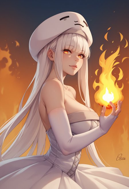 score_9, score_8_up, score_7_up, source_anime, 1girl, Ghast-chan, large breasts, hat, white dress, bare shoulders, elbow gloves, fingerless gloves, <lora:Ghast_XLPD:1>, white hair, fire, surrounded by fire, fireball, seductive,