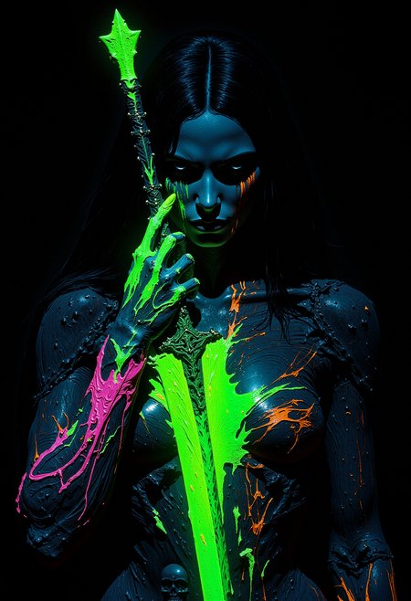 A close-up of a female figure holding a glowing neon green sword. Her skin is a smooth, deep blue tone, while her facial expression is neutral and focused. Her long black hair cascades down her shoulders. Bright, multicolored glowing paint drips from her hand and arm, blending green, pink, orange, and yellow hues, as if melting from her grip. Her left hand firmly grips the sword, which emits a vibrant, intense green light. The sword itself has a glowing texture with neon green liquid-like substance seeping along its length. Her clothes and upper body are covered in a swirling mix of black and neon colors, with dark shadows creeping across her figure, and skeletal faces barely visible within the patterns. Her entire appearance is abstract, with a surreal liquid-like aura around her. The background is solid black, emphasizing the glowing neon colors of the figure and sword.     <lora:dark_fantasy_flux:0.83> <lora:FredFraiStyle-FLUX-Share:0.63> <lora:sxz-Dark-Fantasy-v2-Flux:0.33> drkfnts style, <lora:flux.1_lora_flyway_Epic-Characters_v1:0.43>
