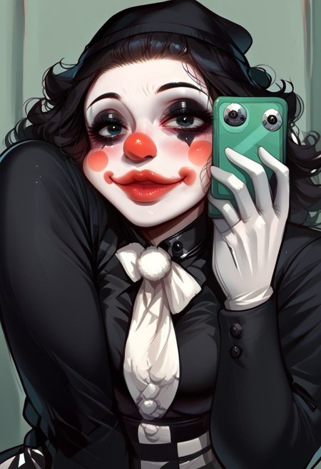 score_9, score_8_up, score_7_up, score_6_up ,Be1nn1e, TSMPK Style, morimee_style, XUER guangying, cms,
FlxngArndHdMeme, selfie, hug, hug from behind, holding phone,close-up, flexing,
1boy, 1girl, female, full body, solo, pepe_frog, 
poker face, clown makeup, mime makeup, clown face,
Black clothes, 
close view, face focus,