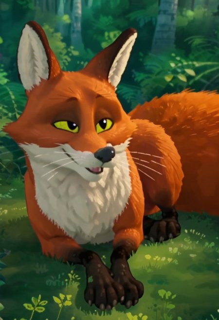 Fink, red fox, Male, furry, bushy long tail, Whiskers, yellow eyes, black pupils, screencap, Fluffy fur,happy  Expression on face Expressiveh forest background,laying on side, detailed puffy,