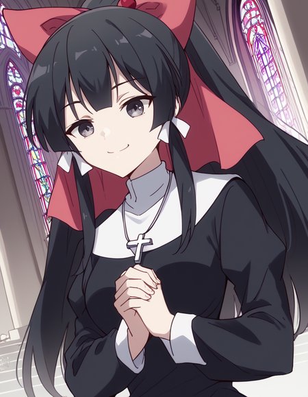 score_9, score_8_up, score_7_up, source_anime, <lora:yae-kokonoe-s2-ponyxl-lora-nochekaiser:1>, yae kokonoe, long hair, bangs, black hair, bow, ribbon, hair ribbon, ponytail, hair bow, black eyes, grey eyes, medium breasts,, <lora:traditional-nun-ponyxl-lora-nochekaiser:1>, traditional nun, nun, habit, long sleeves, dress, black dress, jewelry, black veil, cross, cross necklace,, church, smug, praying,, , dutch angle, cowboy shot