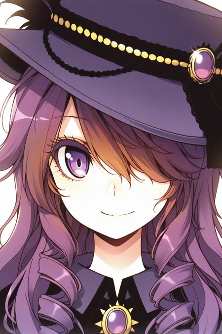 masterpiece, best quality, amazing quality,
 <lora:CrzNghbr_IL:1> crznghbr, solo, 1girl, smile, purple eyes, hair over one eye, long hair, hat, looking at viewer, purple hair, brown hair, drill hair, closed mouth
