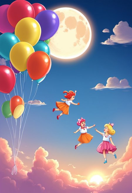 lollipops, floating like balloons, blue sky, cottom candy clouds, rainbow candy's, sunset, banana moon , 3 children looking at the sky.