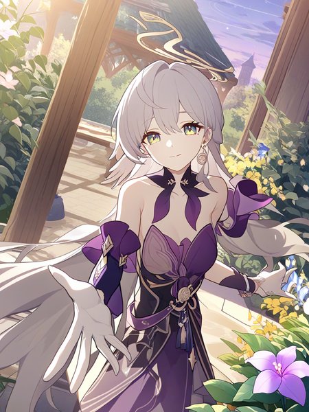 1girl,solo,robin \(honkai: star rail\),halo,mechanical halo,very long hair,earrings,jewelry,green eyes,head wings,detached sleeves,white gloves,
light smile,looking at viewer,head tilt,reaching out,
outdoors,blue sky,landscape,garden,gardening,gazebo,flower,leaf,tree,
front view,upper body,
<lora:robin_1-000028:1>,<lora:blue_archive_official_7:1>,