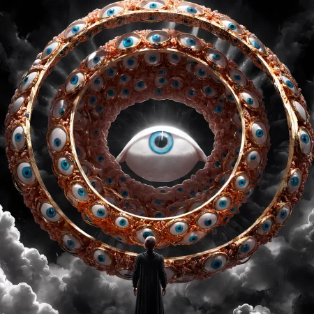 seraphins, mystical creature with hundreds of eyes and wings, with the shape of a giant ring, circular hoops around body, massive size, angelical lights <lora:Seraphins1.0-000038:0.8>